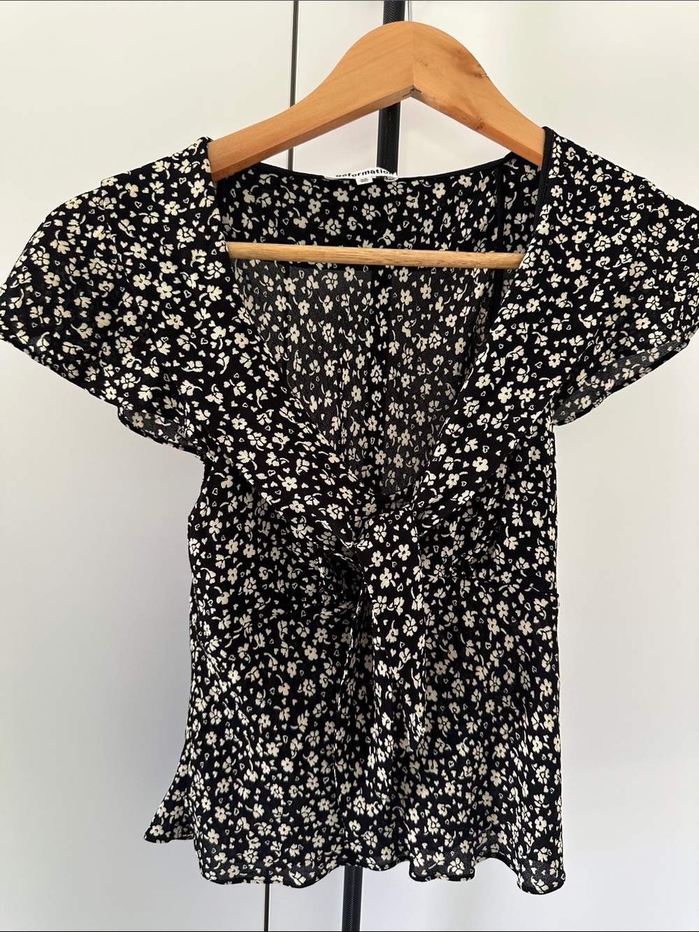 Reformation Black Floral Tie-Front Blouse